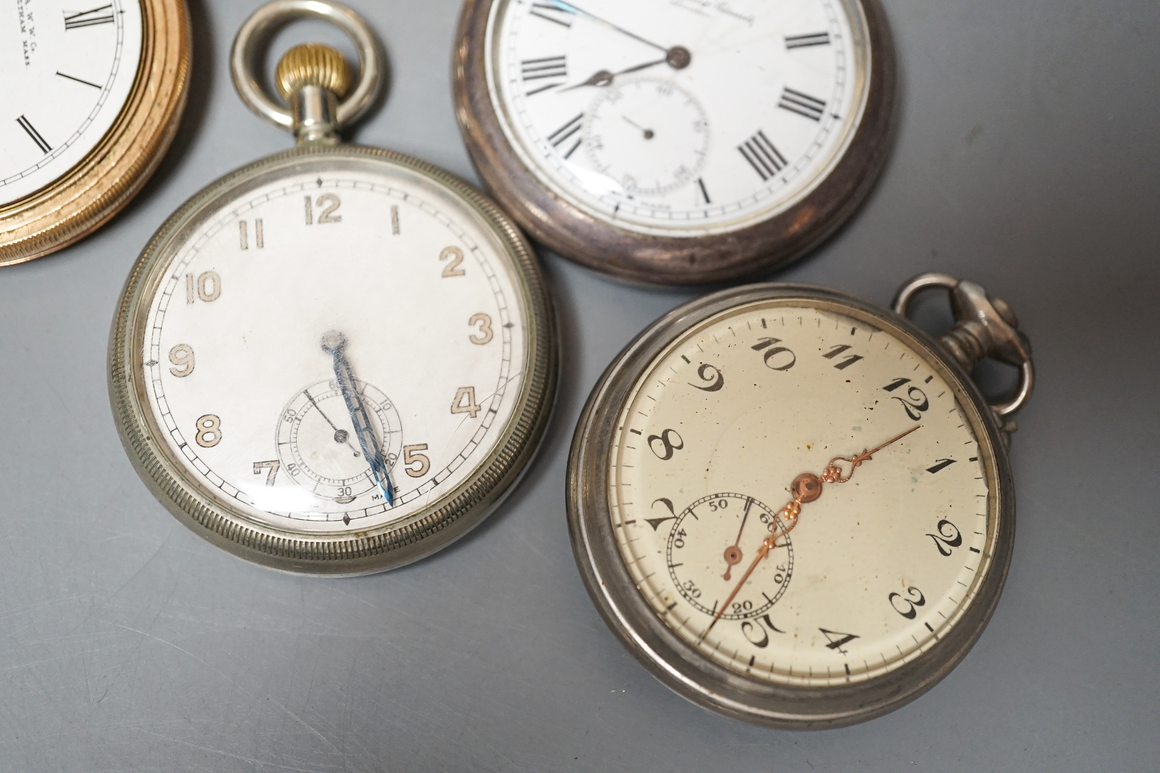 A collection of assorted pocket watches, including 1940's military, an 18k fob watch (gross 40.2grams), gold plated and engine turned Swiss 935 white metal.